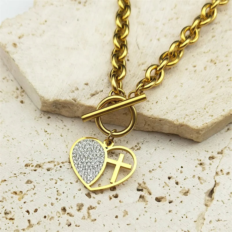 Stainless Steel Rhinestone Heart Cross Pendant Set