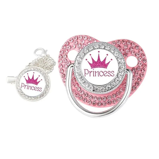 Princess & Prince Blinged Out Baby Pacifier with Chain Clip