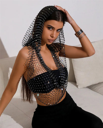 Rhinestone Fishnet Hooded Tank Top