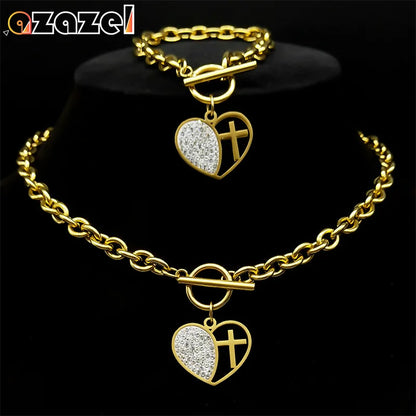 Stainless Steel Rhinestone Heart Cross Pendant Set