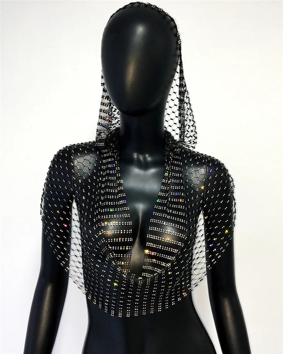 Rhinestone Fishnet Hooded Tank Top