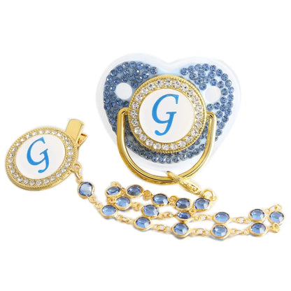 Initial Letter Blue Baby Pacifier with Beaded Chain Gem Clip