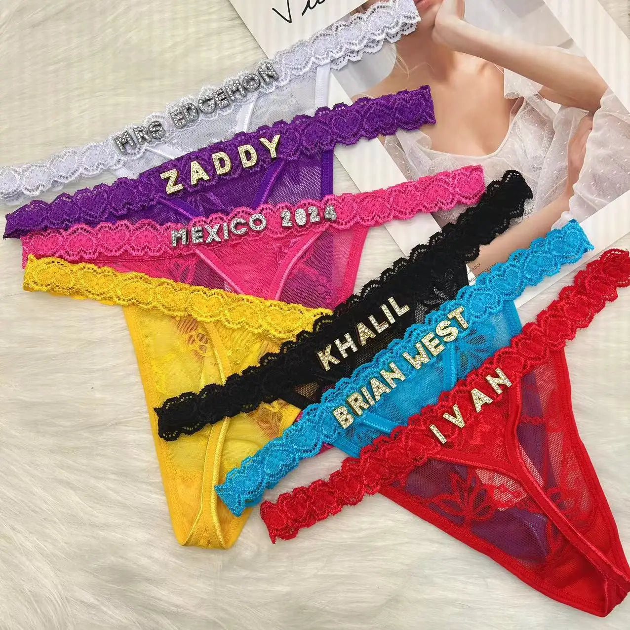 Forever Yours Custom Name Rhinestones Lace Thongs