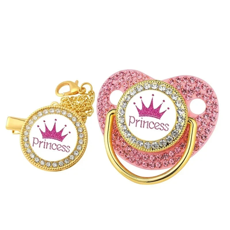 Princess & Prince Blinged Out Baby Pacifier with Chain Clip