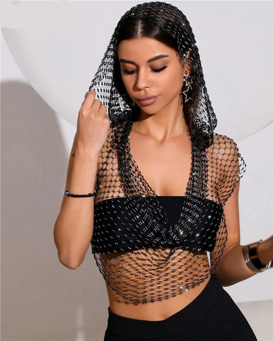 Rhinestone Fishnet Hooded Tank Top