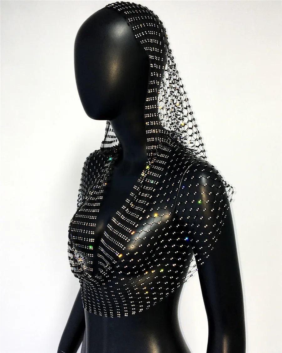 Rhinestone Fishnet Hooded Tank Top