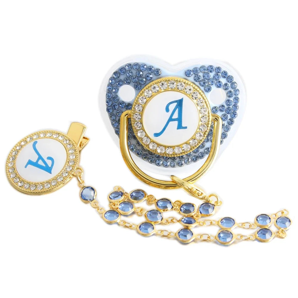 Initial Letter Blue Baby Pacifier with Beaded Chain Gem Clip