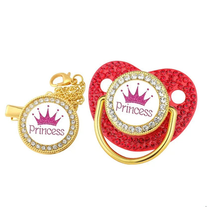 Princess & Prince Blinged Out Baby Pacifier with Chain Clip