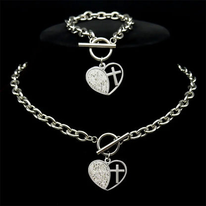 Stainless Steel Rhinestone Heart Cross Pendant Set