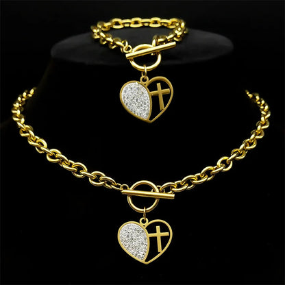 Stainless Steel Rhinestone Heart Cross Pendant Set