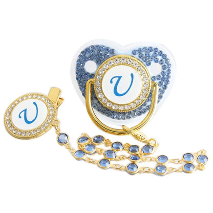 Initial Letter Blue Baby Pacifier with Beaded Chain Gem Clip