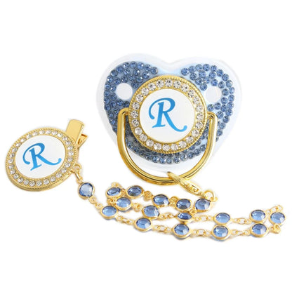 Initial Letter Blue Baby Pacifier with Beaded Chain Gem Clip