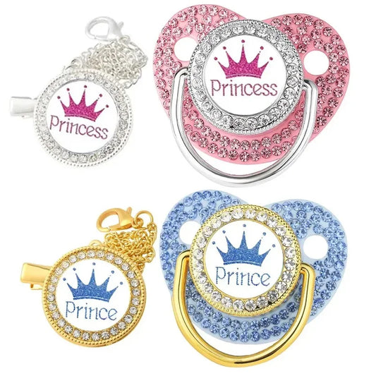 Princess & Prince Blinged Out Baby Pacifier with Chain Clip